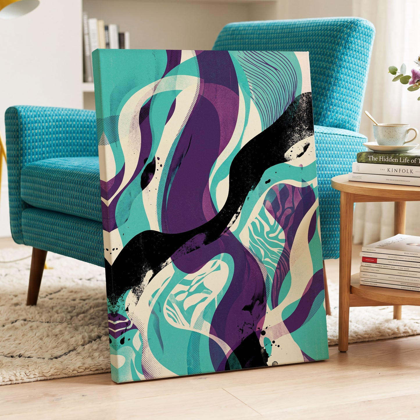 Tidal Intersections, green, purple, black abstract wall art on canvas displayed in a styled interior, gallery view 2