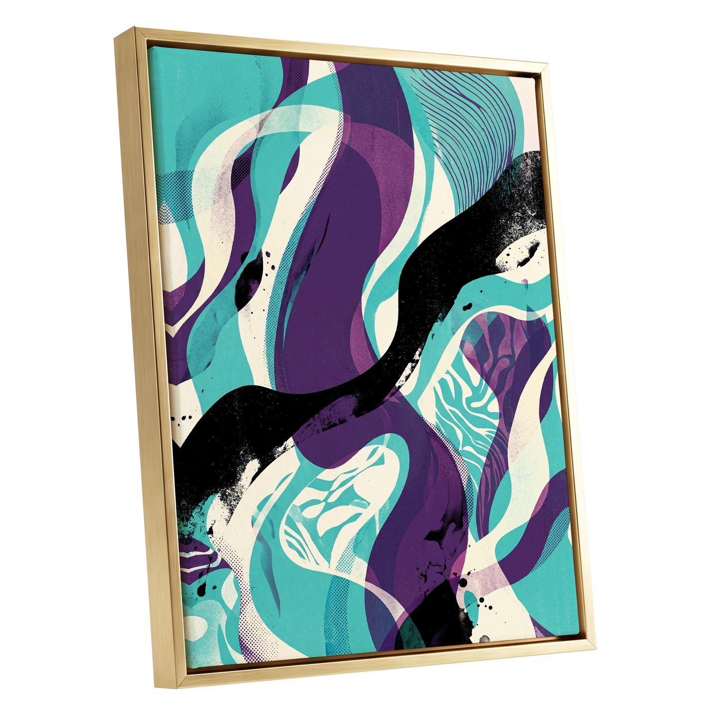 Tidal Intersections, green, purple, black abstract wall art shown as a gold framed canvas wall art