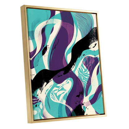 Tidal Intersections, green, purple, black abstract wall art shown as a gold framed canvas wall art