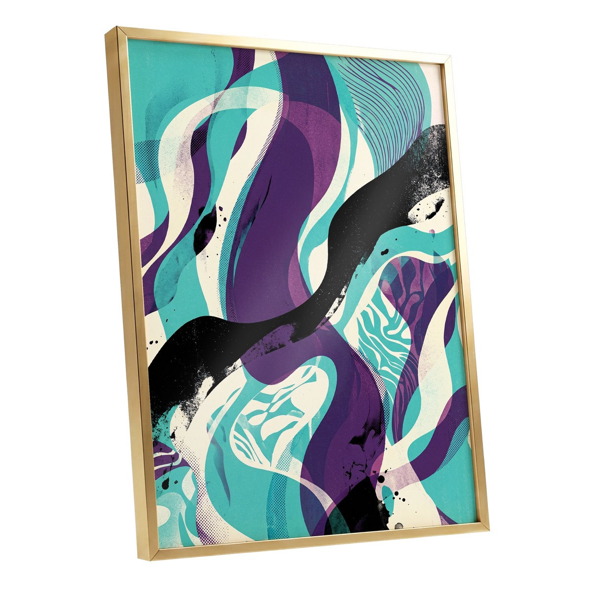 Tidal Intersections, green, purple, black abstract wall art shown as a gold framed poster wall art print