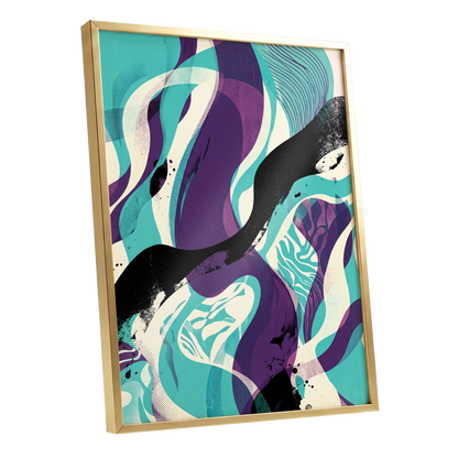 Tidal Intersections, green, purple, black abstract wall art shown as a gold framed poster wall art print