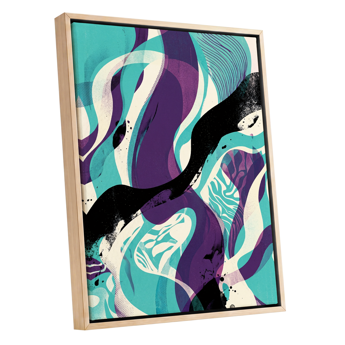 Tidal Intersections, green, purple, black abstract wall art shown as a oak framed canvas wall art