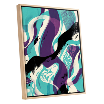 Tidal Intersections, green, purple, black abstract wall art shown as a oak framed canvas wall art