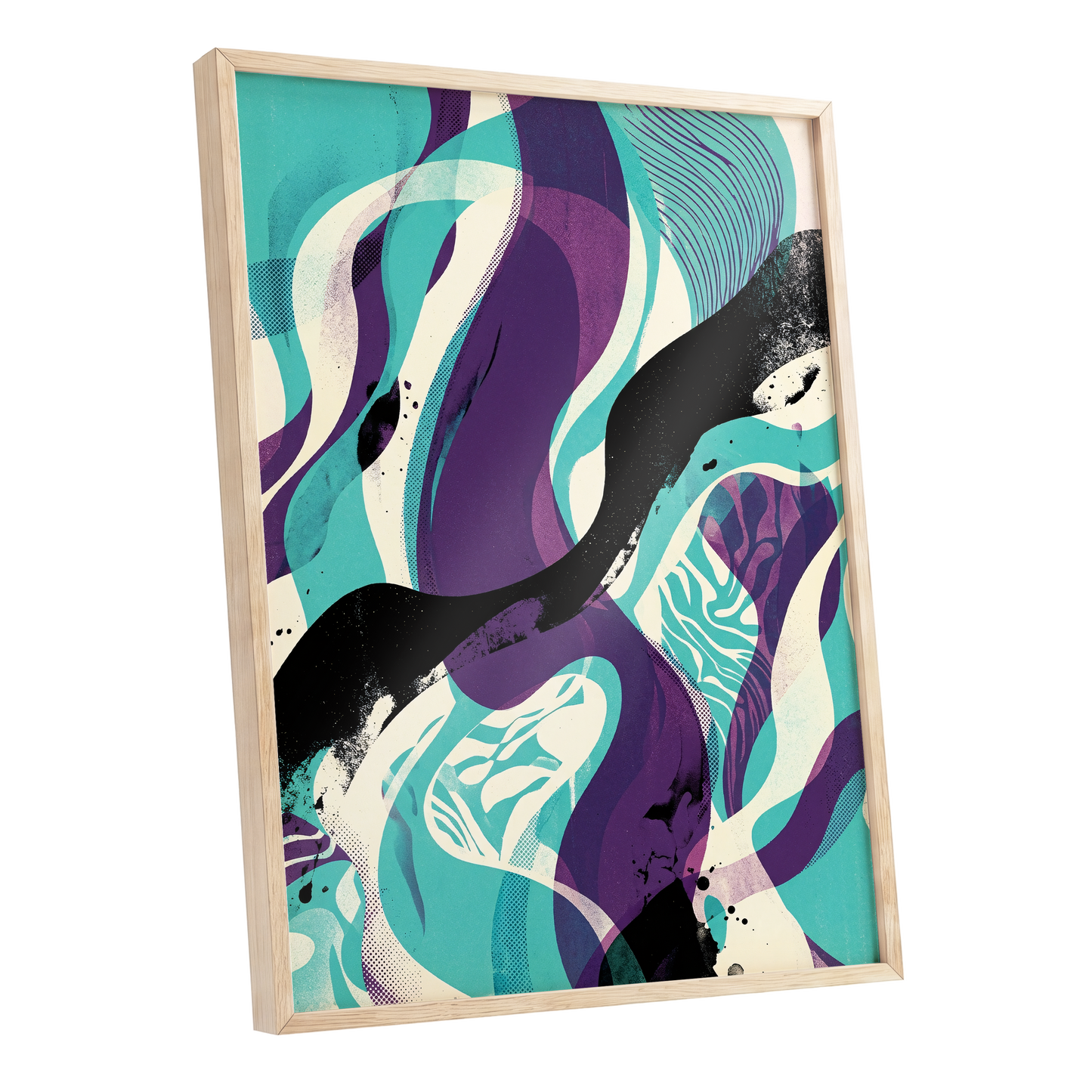 Tidal Intersections, green, purple, black abstract wall art shown as a oak framed poster wall art print