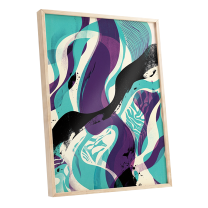 Tidal Intersections, green, purple, black abstract wall art shown as a oak framed poster wall art print