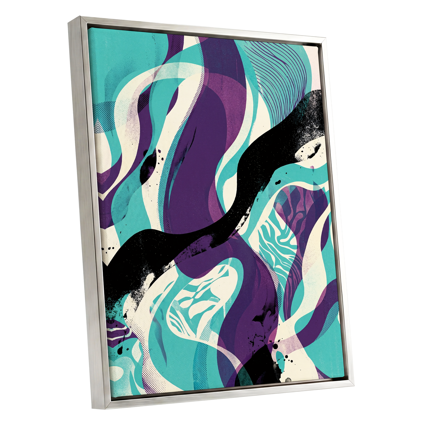 Tidal Intersections, green, purple, black abstract wall art shown as a silver framed canvas wall art