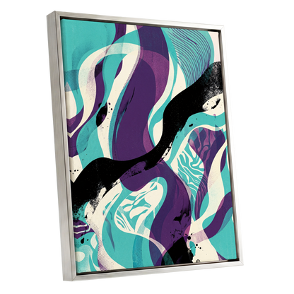 Tidal Intersections, green, purple, black abstract wall art shown as a silver framed canvas wall art