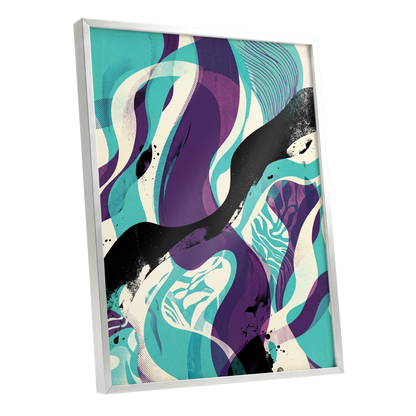 Tidal Intersections, green, purple, black abstract wall art shown as a silver framed poster wall art print