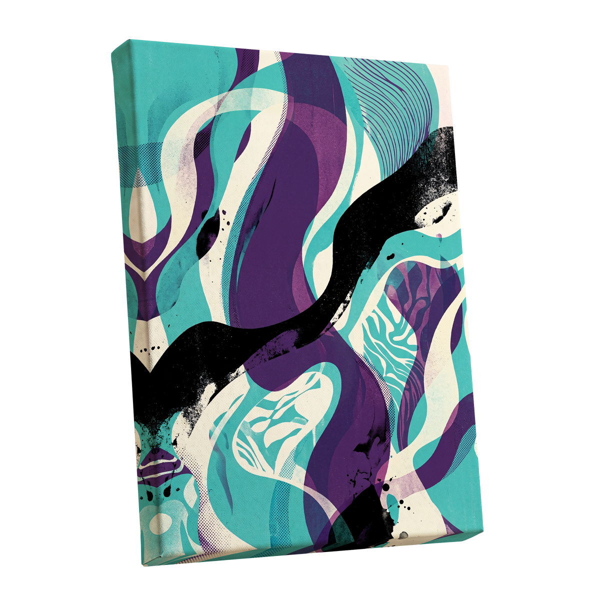 Tidal Intersections, green, purple, black abstract wall art shown as a stretched canvas wall art
