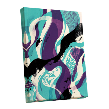 Tidal Intersections, green, purple, black abstract wall art shown as a stretched canvas wall art