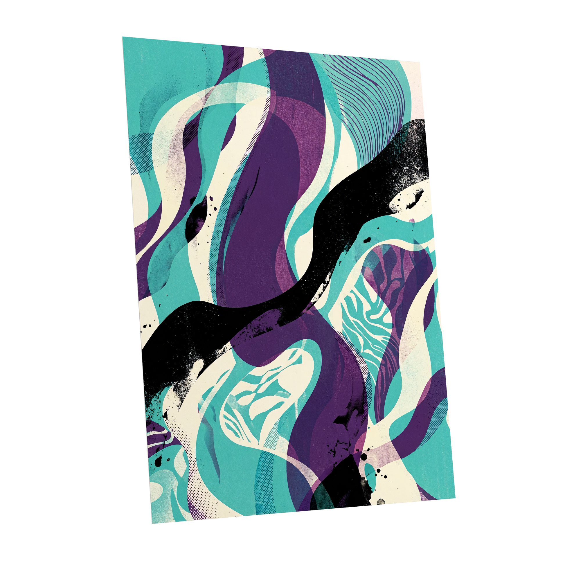 Tidal Intersections, green, purple, black abstract wall art shown as a unframed poster wall art print