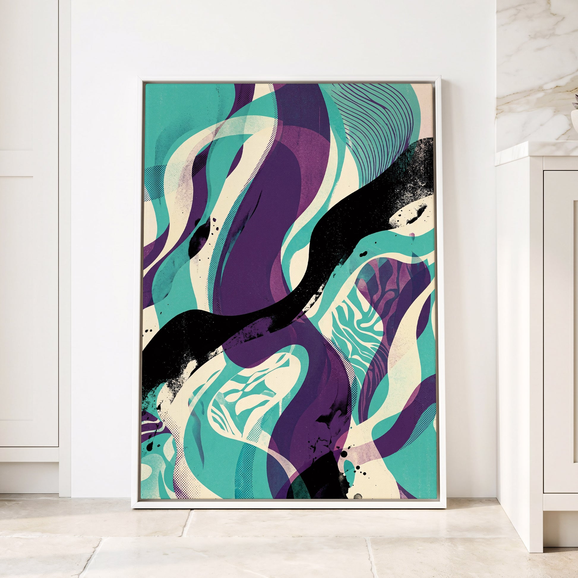 Tidal Intersections, green, purple, black abstract wall art displayed in a styled interior, gallery view 1