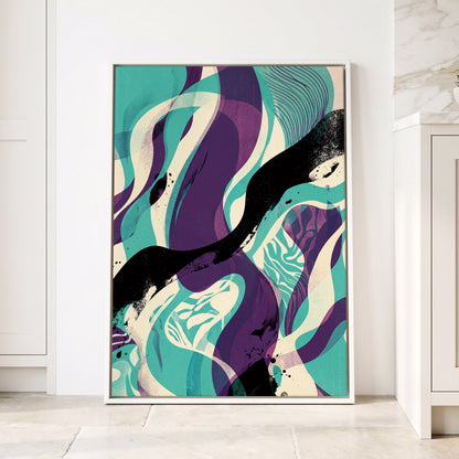 Tidal Intersections, green, purple, black abstract wall art displayed in a styled interior, gallery view 1