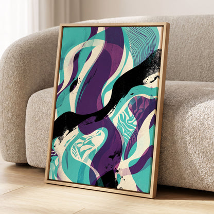 Tidal Intersections, green, purple, black abstract wall art displayed in a styled interior, gallery view 2