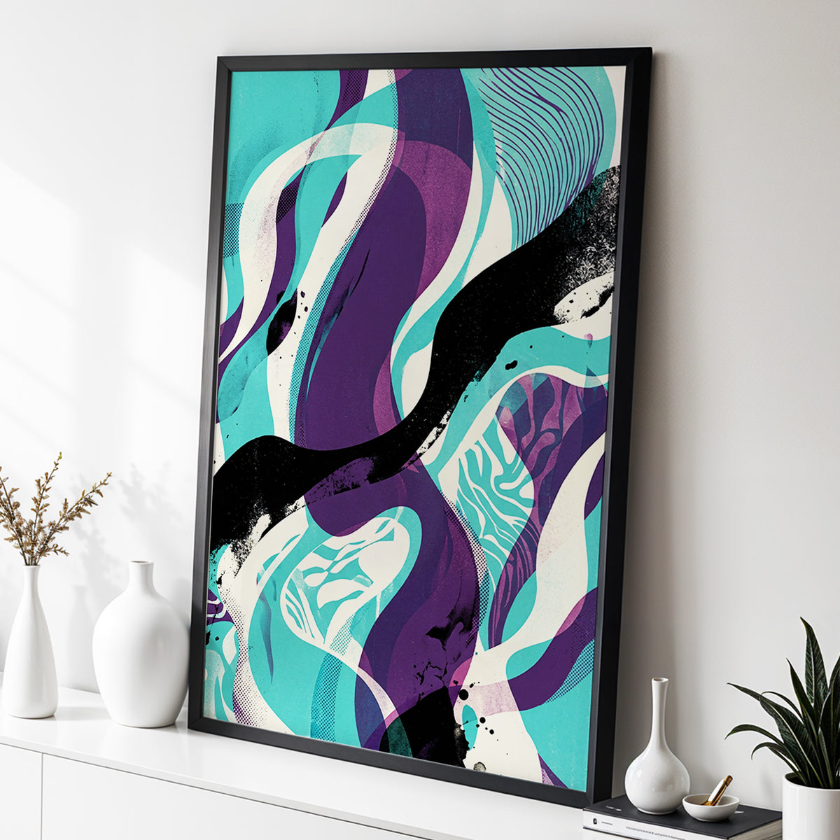 Tidal Intersections, green, purple, black abstract wall art displayed in a styled interior, gallery view 3