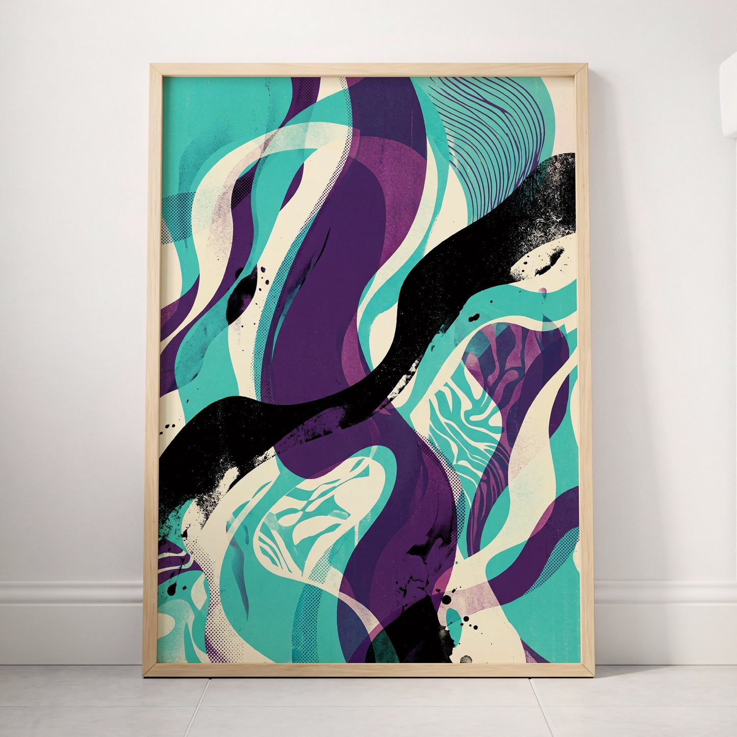 Tidal Intersections, green, purple, black abstract wall art displayed in a styled interior, gallery view 4