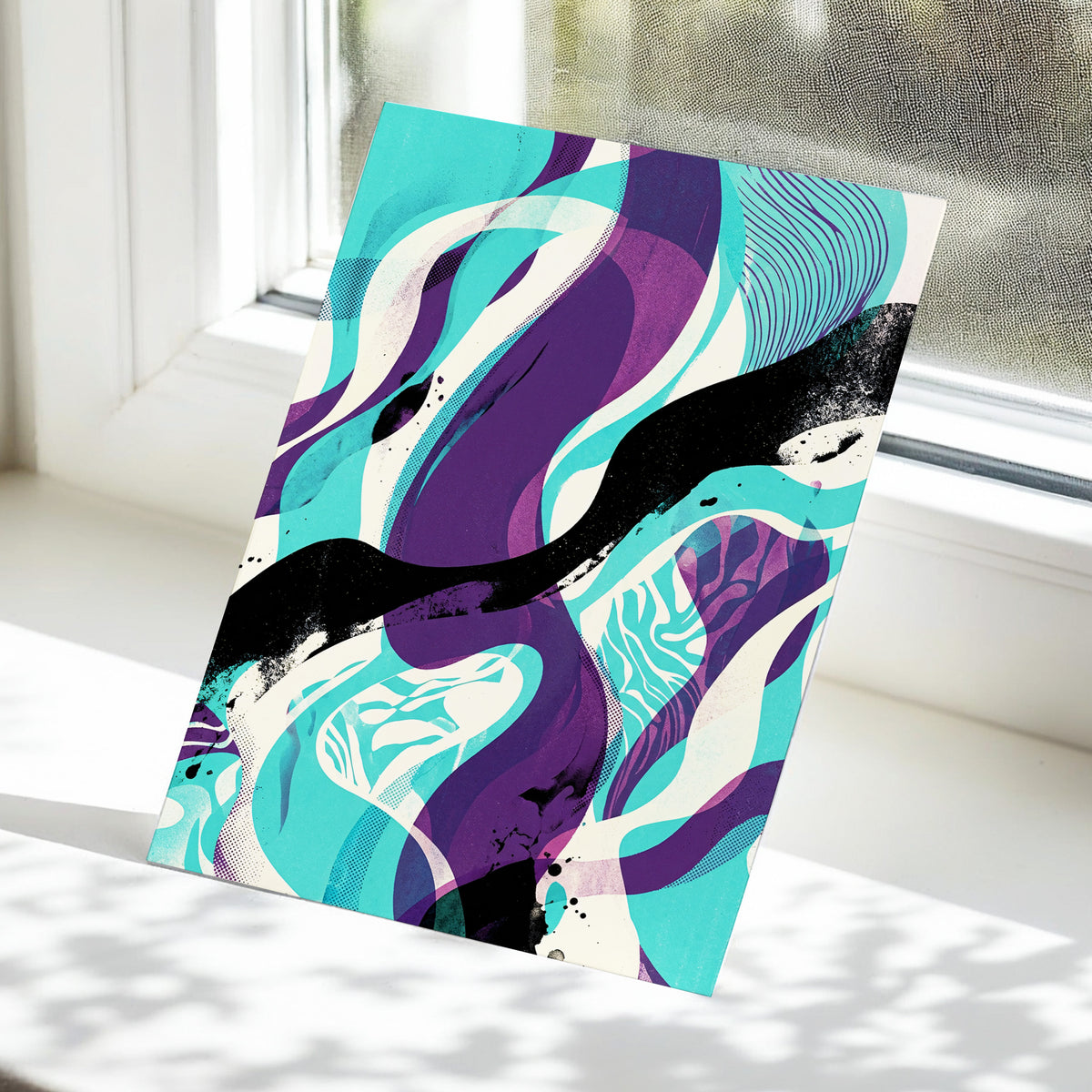 Tidal Intersections, green, purple, black abstract wall art displayed in a styled interior, gallery view 5