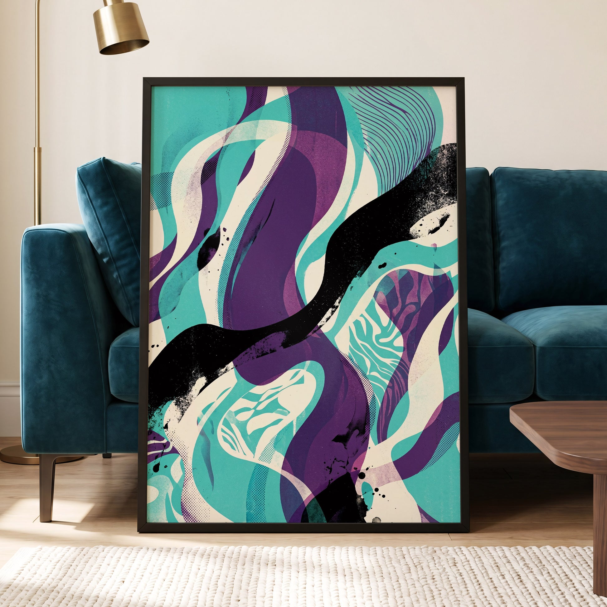 Tidal Intersections, green, purple, black abstract wall art displayed in a styled interior, gallery view 6