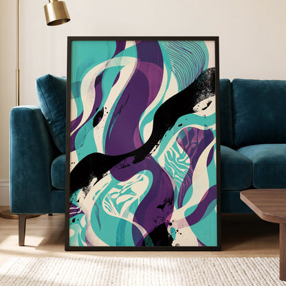 Tidal Intersections, green, purple, black abstract wall art displayed in a styled interior, gallery view 6
