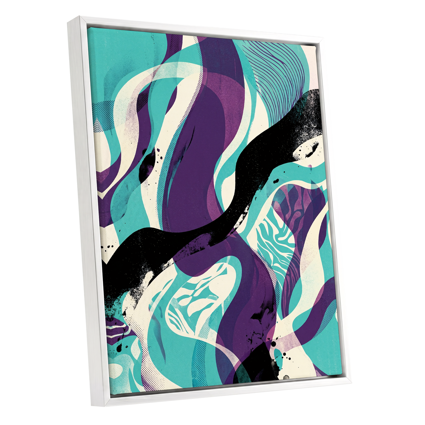 Tidal Intersections, green, purple, black abstract wall art shown as a white framed canvas wall art