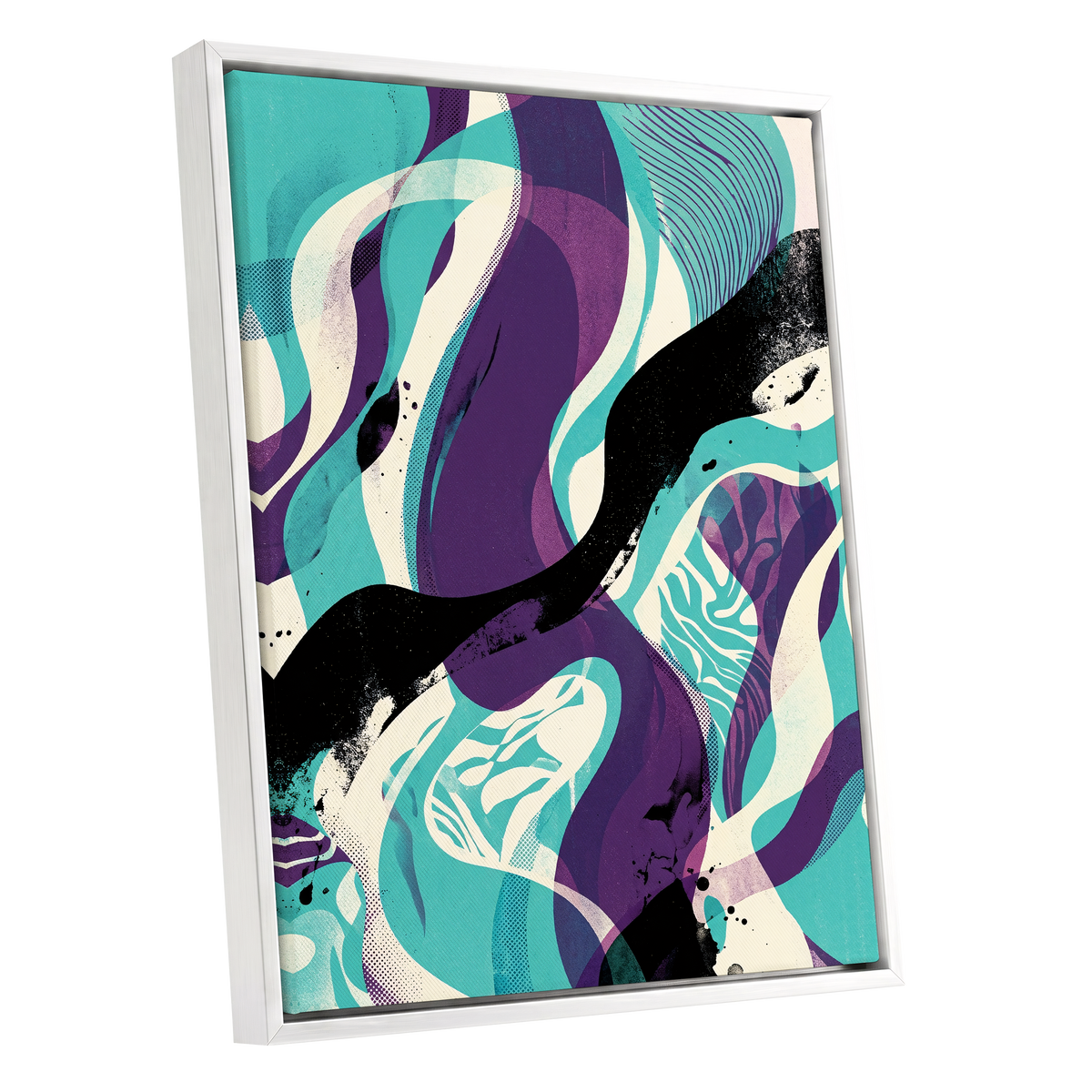 Tidal Intersections, green, purple, black abstract wall art shown as a white framed canvas wall art