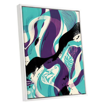 Tidal Intersections, green, purple, black abstract wall art shown as a white framed canvas wall art