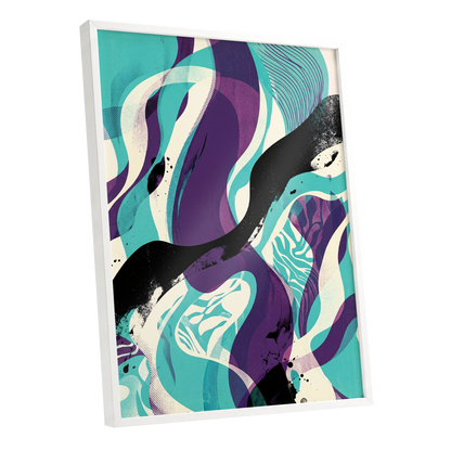 Tidal Intersections, green, purple, black abstract wall art shown as a white framed poster wall art print
