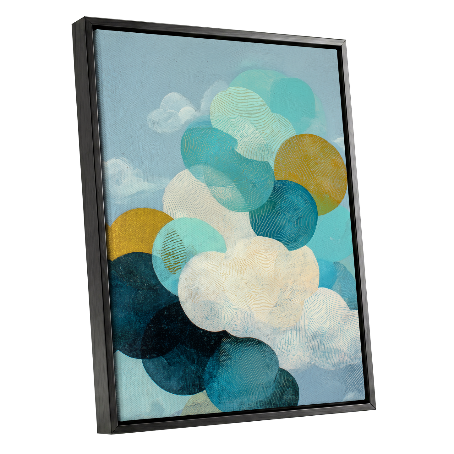 Tidal Pebble Drift, blue, green, white abstract wall art shown as a black framed canvas wall art