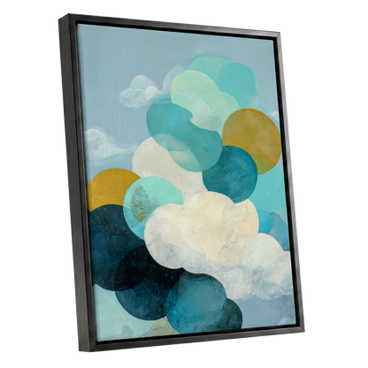 Tidal Pebble Drift, blue, green, white abstract wall art shown as a black framed canvas wall art