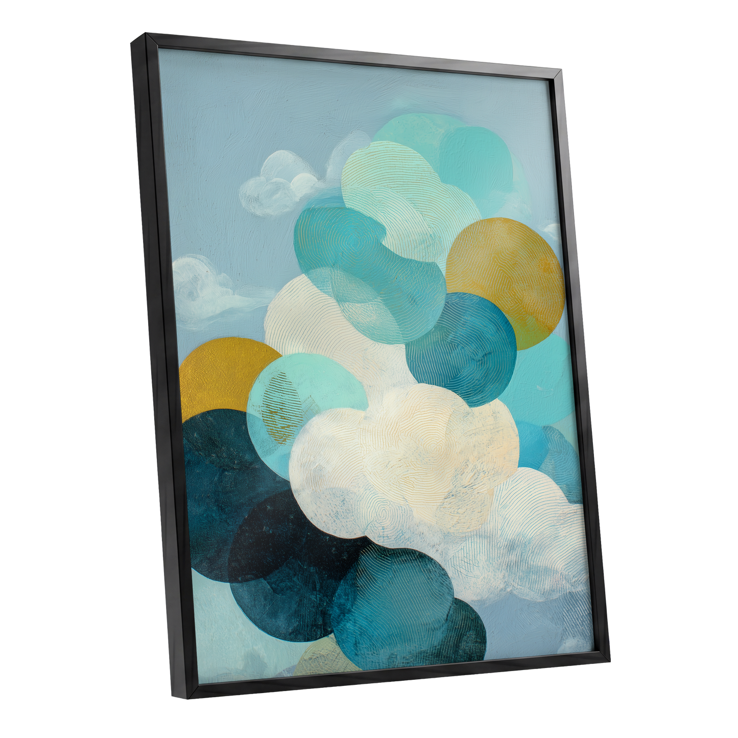 Tidal Pebble Drift, blue, green, white abstract wall art shown as a black framed poster wall art print