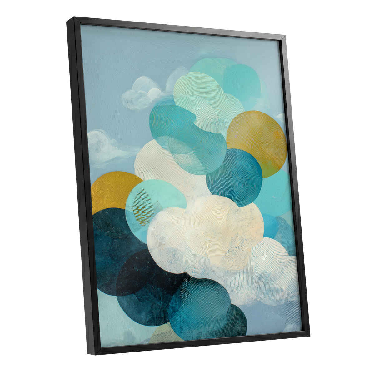 Tidal Pebble Drift, blue, green, white abstract wall art shown as a black framed poster wall art print