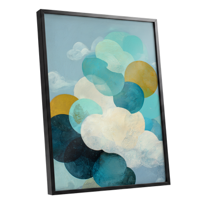Tidal Pebble Drift, blue, green, white abstract wall art shown as a black framed poster wall art print