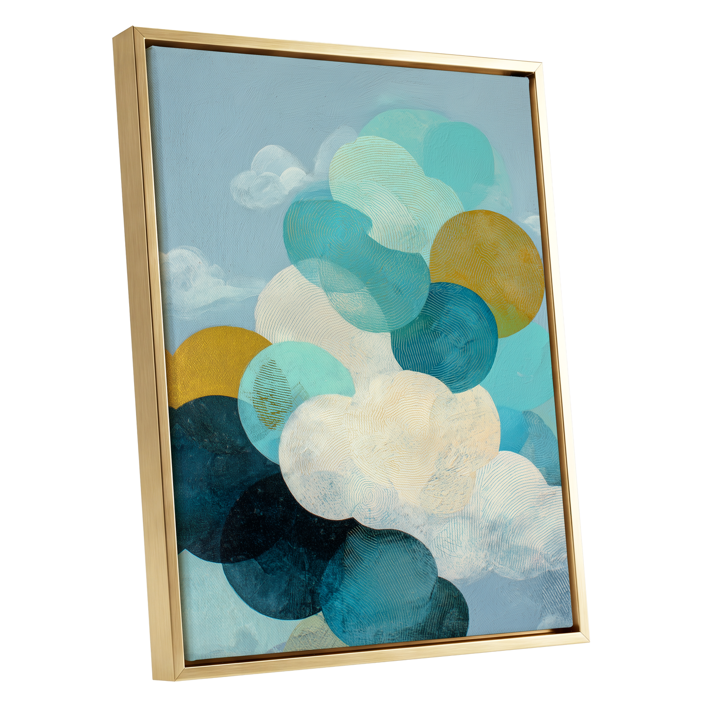 Tidal Pebble Drift, blue, green, white abstract wall art shown as a gold framed canvas wall art
