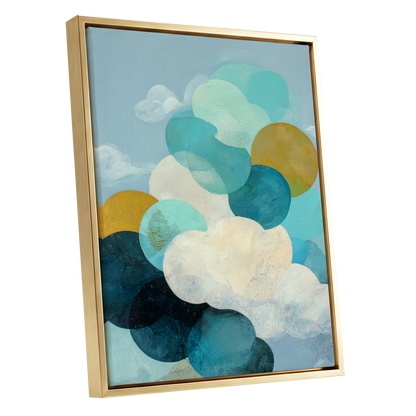 Tidal Pebble Drift, blue, green, white abstract wall art shown as a gold framed canvas wall art