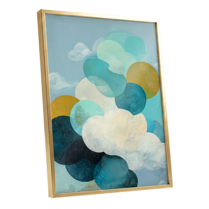 Tidal Pebble Drift, blue, green, white abstract wall art shown as a gold framed poster wall art print
