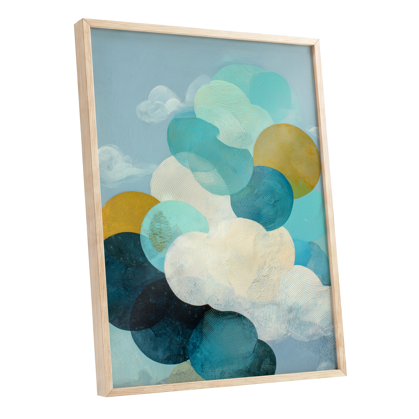 Tidal Pebble Drift, blue, green, white abstract wall art shown as a oak framed poster wall art print