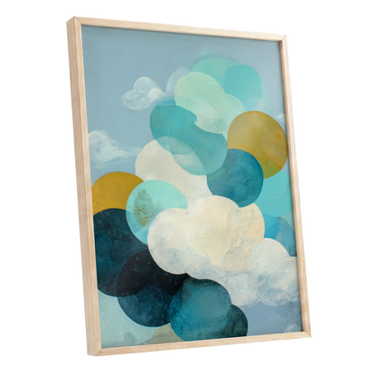 Tidal Pebble Drift, blue, green, white abstract wall art shown as a oak framed poster wall art print