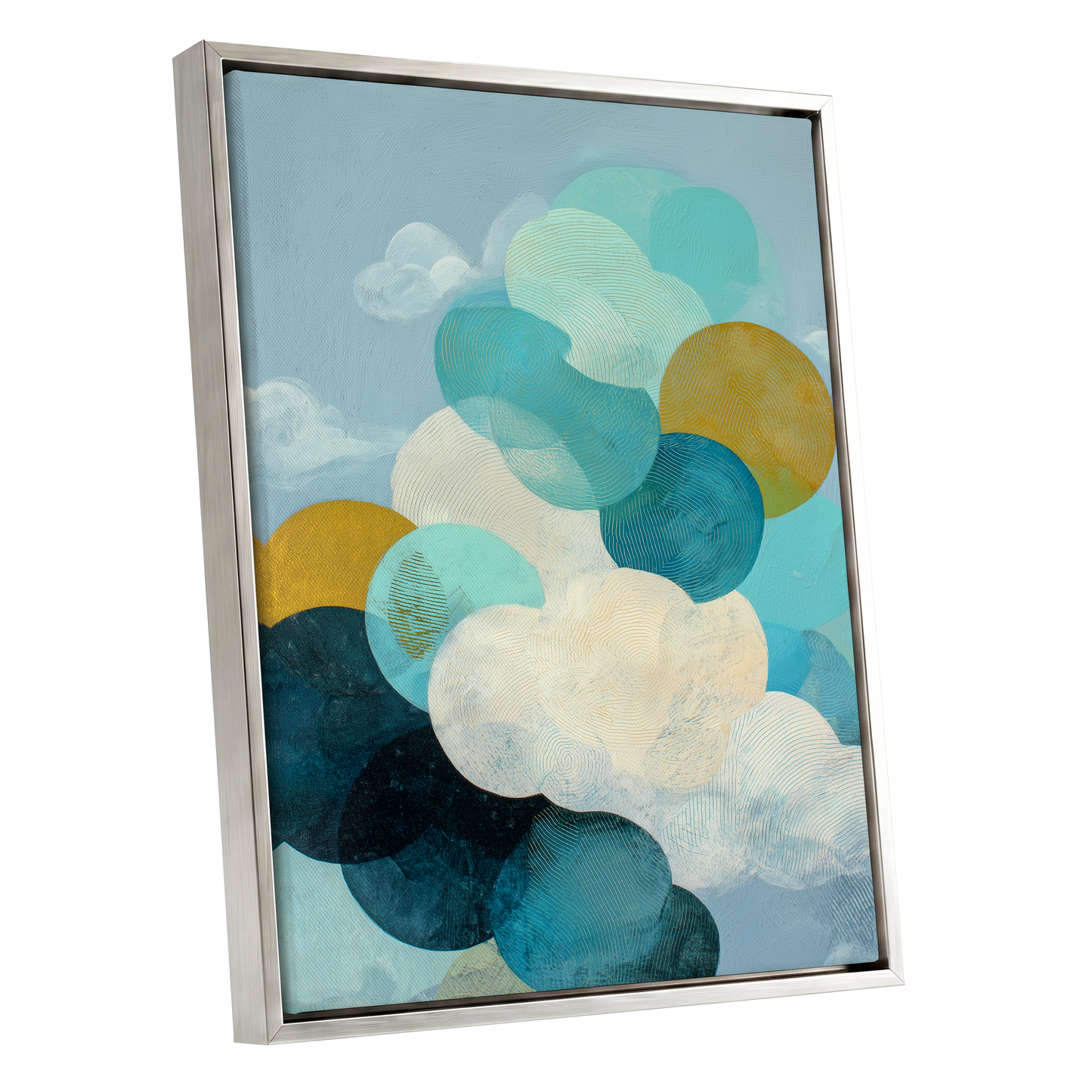 Tidal Pebble Drift, blue, green, white abstract wall art shown as a silver framed canvas wall art
