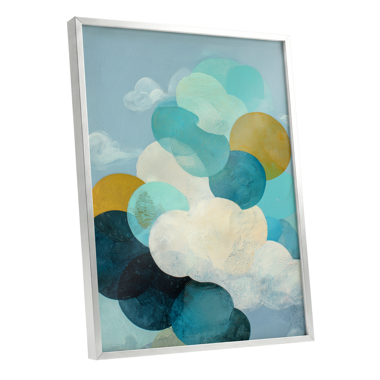Tidal Pebble Drift, blue, green, white abstract wall art shown as a silver framed poster wall art print