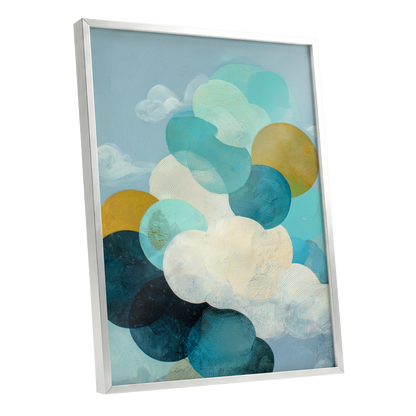Tidal Pebble Drift, blue, green, white abstract wall art shown as a silver framed poster wall art print