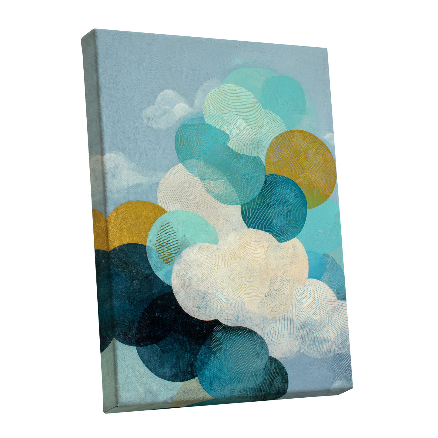 Tidal Pebble Drift, blue, green, white abstract wall art shown as a stretched canvas wall art