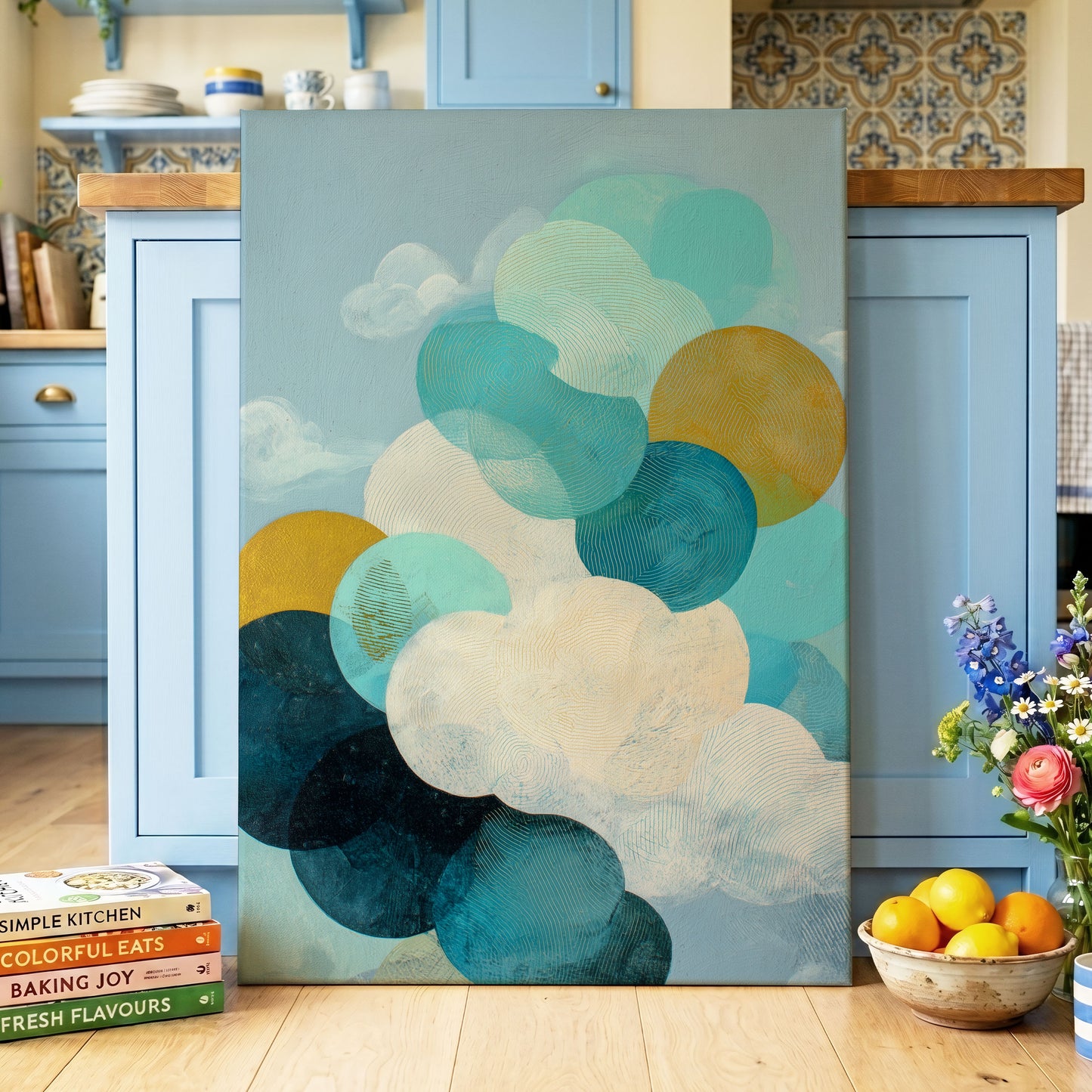 Tidal Pebble Drift, blue, green, white abstract wall art displayed in a styled interior, gallery view 3