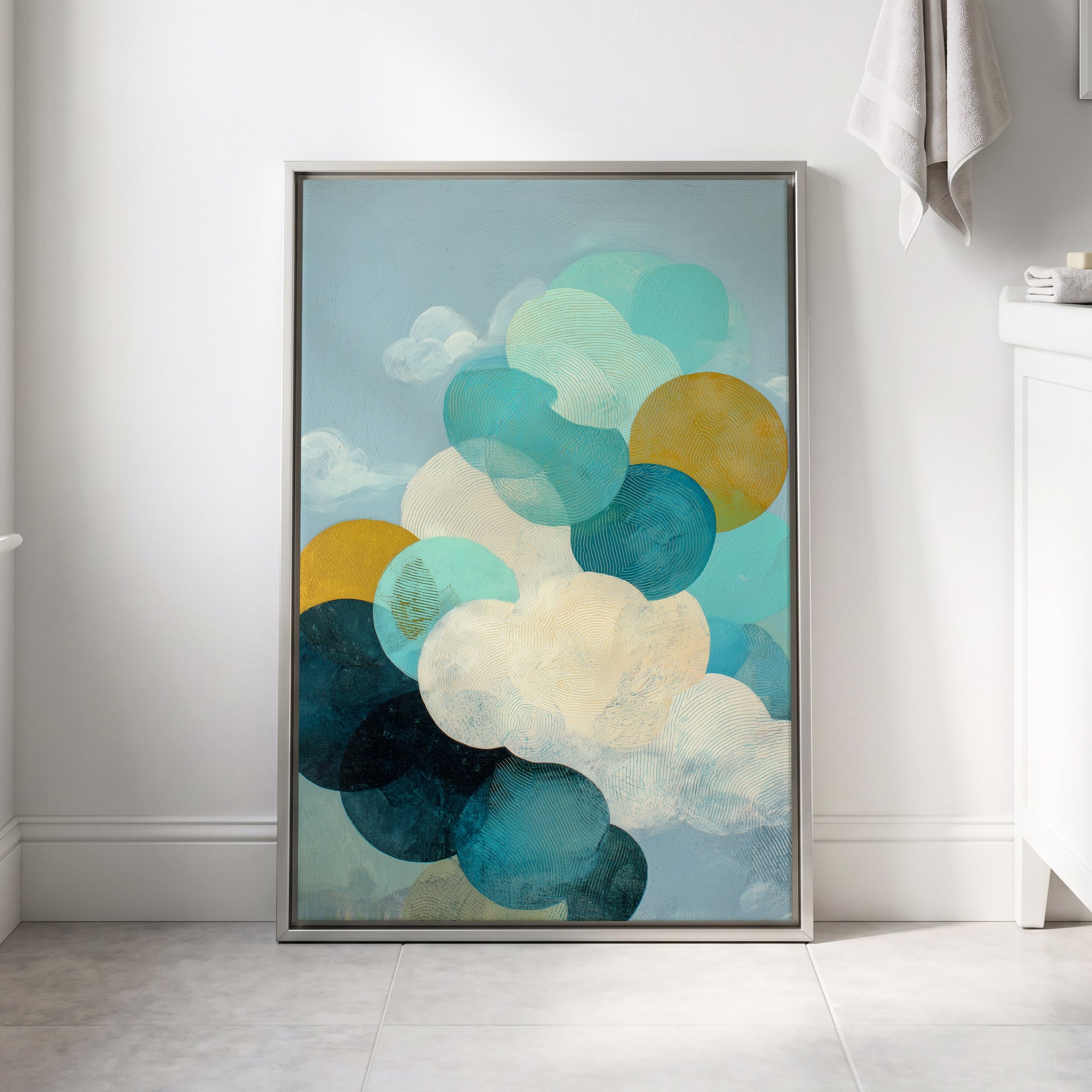 Tidal Pebble Drift, blue, green, white abstract wall art displayed in a styled interior, gallery view 4