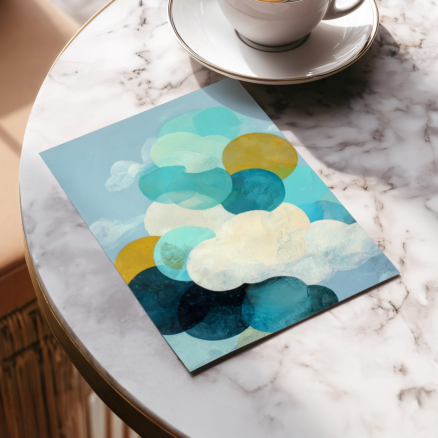 Tidal Pebble Drift, blue, green, white abstract wall art displayed in a styled interior, gallery view 5