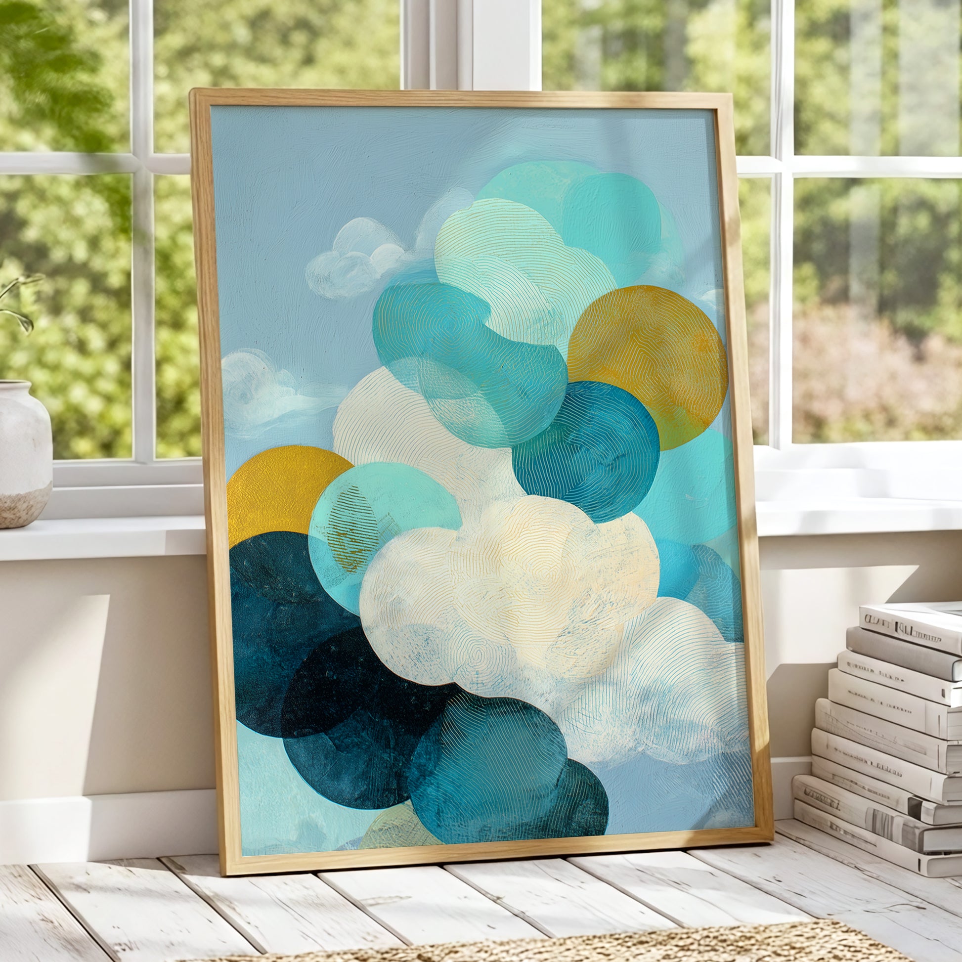 Tidal Pebble Drift, blue, green, white abstract wall art displayed in a styled interior, gallery view 9
