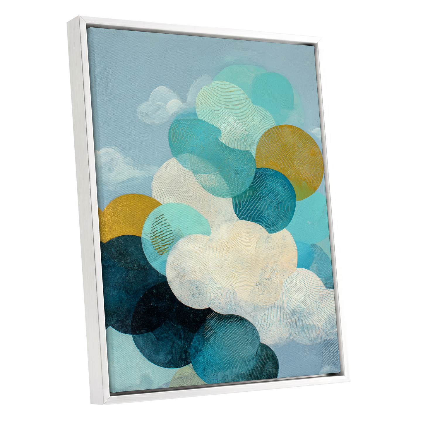 Tidal Pebble Drift, blue, green, white abstract wall art shown as a white framed canvas wall art