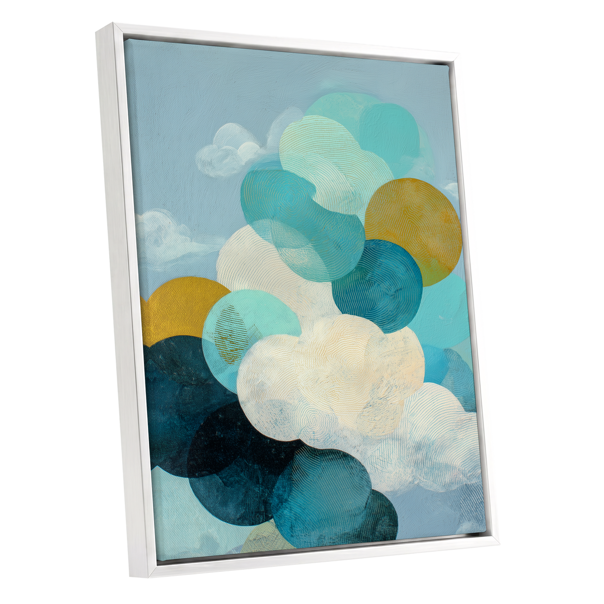 Tidal Pebble Drift, blue, green, white abstract wall art shown as a white framed canvas wall art