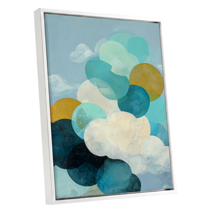 Tidal Pebble Drift, blue, green, white abstract wall art shown as a white framed canvas wall art