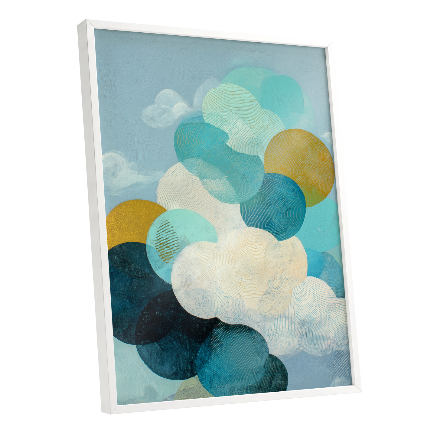 Tidal Pebble Drift, blue, green, white abstract wall art shown as a white framed poster wall art print
