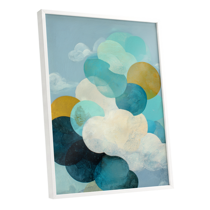 Tidal Pebble Drift, blue, green, white abstract wall art shown as a white framed poster wall art print